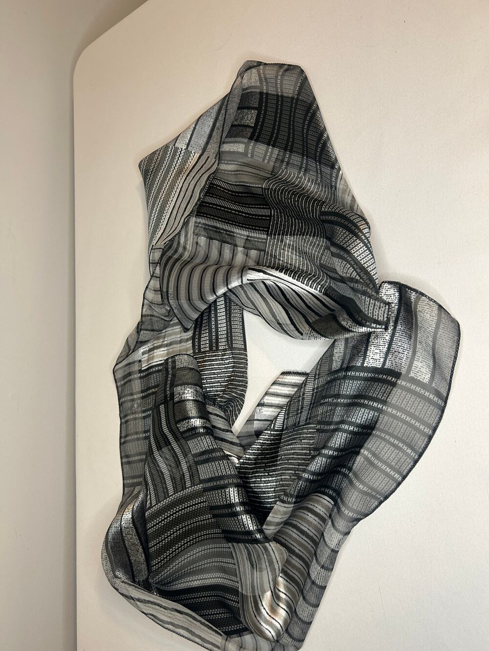 Vintage Geometric Patchwork Scarf Black Gray Sheer Polyester Oblong 32x14